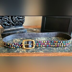 Black Leather Vintage Belt with Gold Buckle and Multicolor Studs
